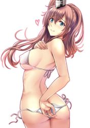 Rule 34 | 1girl, aqua eyes, ass, bare shoulders, bikini, blush, breasts, brown hair, butt crack, closed mouth, covered erect nipples, covering privates, covering ass, from behind, hair between eyes, hand on own chest, heart, kantai collection, kuurunaitsu, large breasts, long hair, looking at viewer, looking back, ponytail, saratoga (kancolle), shoulder blades, side ponytail, sidelocks, smile, smokestack, solo, swimsuit, twisted torso, untied bikini, white bikini