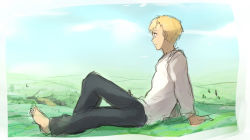 Rule 34 | 1boy, alphonse elric, arm support, barefoot, black pants, cloud, day, framed, fullmetal alchemist, grass, happy, knee up, landscape, long hair, long sleeves, looking afar, looking away, male focus, mountain, nature, pants, riru, shirt, short hair, sitting, sky, smile, solo, solo focus, tree, white shirt
