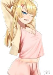 Rule 34 | 1girl, 2018, ahoge, arms up, blonde hair, breasts, cleavage, collarbone, dated, hair ornament, hairclip, jacket, long hair, medium breasts, midriff, navel, one eye closed, open clothes, open jacket, open mouth, original, pink shirt, pink shorts, shirt, short shorts, shorts, signature, simple background, sleepwear, solo, stomach, stretching, viktorf, white background, yellow jacket