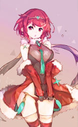 Rule 34 | 1girl, artist request, bad id, bad pixiv id, blush, breasts, christmas, fingerless gloves, gloves, highres, jewelry, large breasts, navel, nintendo, open mouth, panties, pyra (xenoblade), red eyes, red hair, short hair, simple background, solo, tiara, underwear, xenoblade chronicles (series), xenoblade chronicles 2, xenoblade chronicles (series), xenoblade chronicles 2