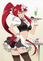 Rule 34 | 00s, 1girl, absurdres, black thighhighs, blouse, brown thighhighs, cake, cup, doughnut, drinking glass, food, hand on own hip, highres, long hair, looking at viewer, miniskirt, navel, official art, one eye closed, pastry, ponytail, red hair, saucer, shirt, simple background, skirt, solo, standing, table, tea, tengen toppa gurren lagann, thighhighs, very long hair, waitress, white background, white shirt, wrist cuffs, yoko littner