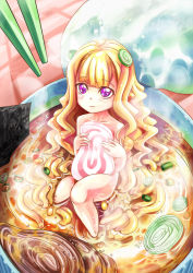 Rule 34 | 1girl, blonde hair, blunt bangs, blush, bowl, chopsticks, covering privates, cup ramen, food, hair ornament, hm (hmongt), in bowl, in container, in food, kamaboko, long hair, mini person, minigirl, narutomaki, noodles, nude, original, personification, purple eyes, ramen, ramen-chan, smile, solo, steam, vegetable, wavy hair