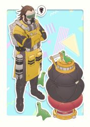Rule 34 | 1boy, animification, apex legends, beard, black footwear, boots, border, brown hair, caustic (apex legends), facial hair, gas mask, gloves, hair slicked back, hazmat suit, highres, jbo, looking down, male focus, mask, nessie (respawn), outside border, solo, speech bubble, spoken squiggle, squiggle, standing, stuffed toy, white border, widow&#039;s peak, yellow gloves
