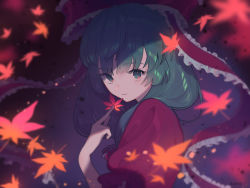 Rule 34 | 1girl, autumn leaves, blurry, bow, closed eyes, closed mouth, commentary request, depth of field, falling leaves, frilled bow, frills, from side, front ponytail, green eyes, green hair, hair bow, highres, holding, holding leaf, kagiyama hina, leaf, long hair, looking at viewer, looking to the side, maple leaf, puffy short sleeves, puffy sleeves, red bow, short sleeves, signature, smile, solo, surumeri (baneiro), touhou, upper body