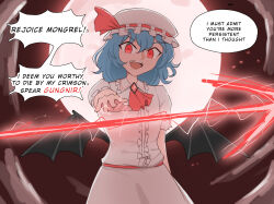 Rule 34 | 1girl, ascot, bat wings, blue hair, bow, brooch, collared shirt, english text, fangs, frilled shirt collar, frilled sleeves, frills, hat, highres, jewelry, mata (matasoup), mob cap, puffy short sleeves, puffy sleeves, red ascot, red bow, red eyes, remilia scarlet, shirt, short hair, short sleeves, skirt, smile, solo, spear the gungnir, speech bubble, touhou, white hat, white shirt, white skirt, wings, wrist cuffs