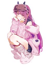Rule 34 | 1girl, :t, animal slippers, ankle strap, black shorts, blush, cardigan, closed mouth, dot nose, eye mask, fur-trimmed cardigan, fur trim, grey socks, hana (ha na3317), hands on own cheeks, hands on own face, highres, long hair, long sleeves, looking at viewer, loose socks, mask, mask on head, nijisanji, off shoulder, pink cardigan, pout, purple eyes, purple hair, shorts, sidelocks, simple background, sleep mask, slippers, socks, solo, straight hair, tsukino mito, virtual youtuber, white background