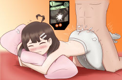 Rule 34 | 1boy, 1girl, ahoge, bed, blush, brown hair, closed eyes, closed mouth, cum, doggystyle, grey pants, hair ornament, hairclip, hetero, highres, hod (project moon), leud, library of ruina, hugging object, orange background, cum overflow, pants, pillow, pillow hug, project moon, sex, sex from behind, solo focus, topless, torn clothes, torn pants