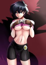 Rule 34 | 1girl, absurdres, bike shorts, black hair, blue eyes, breasts, brown gloves, clothes lift, collarbone, cowboy shot, crop top, dragonball z, fingerless gloves, gloves, gluteal fold, highres, medium breasts, midriff, navel, nico-mo, parted lips, red background, shirt, shirt lift, short hair, solo, underboob, videl, white shirt