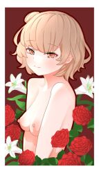 Rule 34 | 1girl, blush, border, breasts, brown eyes, brown hair, closed mouth, completely nude, flower, from side, garaku hfd, hair bun, half-closed eyes, hatoba tsugu, highres, lily (flower), looking at viewer, looking to the side, medium breasts, mole, mole under eye, nipples, nude, raised eyebrows, red background, red flower, red rose, rose, short hair, simple background, single side bun, smile, solo, tsugu (vtuber), upper body, virtual youtuber, white border, white flower
