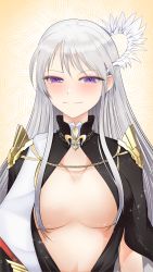 Rule 34 | 1girl, azur lane, black cape, black dress, blush, breasts, breasts apart, cape, center opening, cleavage, closed mouth, commentary request, dress, enterprise (azur lane), enterprise (heroic finery) (azur lane), evening gown, feather hair ornament, feathers, fleur-de-lis, hair between eyes, hair ornament, half-closed eyes, highres, large breasts, long dress, long hair, looking at viewer, orange background, patterned background, purple eyes, ru-ne, sidelocks, silver hair, smile, solo, sparkle, standing, upper body, very long hair