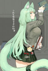 1girl animal_ears arknights arm_up badge black_skirt blush book cardigan commentary cowboy_shot eighth_note film_grain green_eyes green_hair green_tail grey_cardigan harmonie_(arknights) heart highres holding holding_book infection_monitor_(arknights) long_hair long_sleeves looking_at_viewer miniskirt musical_note open_mouth pleated_skirt poco_(backboa) profile sideways_glance skirt smile solo standing tail translation_request