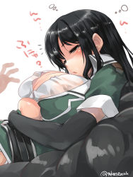 Rule 34 | 1girl, arms under breasts, black eyes, black gloves, black hair, breast hold, breast pillow, breasts, chikuma (kancolle), cleavage, crossed arms, elbow gloves, gloves, highres, kantai collection, large breasts, long hair, open mouth, simple background, single elbow glove, single glove, sleepy, solo focus, takase muh, twitter username, waking up, white background