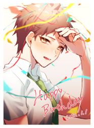 Rule 34 | 1boy, ahoge, amido (compassion273), blush, border, brown eyes, brown hair, collared shirt, commentary request, confetti, danganronpa (series), danganronpa 2: goodbye despair, dated, gradient background, green necktie, hand up, happy birthday, highres, hinata hajime, lower teeth only, necktie, open mouth, shirt, short hair, short sleeves, teeth, upper body, white border