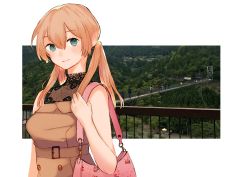 Rule 34 | 1girl, absurdres, alternate costume, bad id, bad twitter id, bag, belt, blonde hair, bridge, brown dress, casual, commentary request, cowboy shot, dress, green eyes, highres, kantai collection, light smile, looking at viewer, okayu (papiko1111), photo background, pink bag, prinz eugen (kancolle), railing, shoulder bag, sleeveless, solo, twintails, upper body