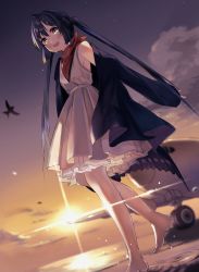 Rule 34 | 1girl, absurdres, aircraft, airplane, animal, bandana, barefoot, bird, black hair, black jacket, blurry, blurry background, brown eyes, cloud, commentary request, crying, crying with eyes open, depth of field, dress, hair between eyes, highres, jacket, long hair, long sleeves, looking at viewer, off shoulder, open clothes, open jacket, original, outdoors, pleated dress, ripples, sleeveless, sleeveless dress, sleeves past wrists, solo, soranagi yuki, sun, sunset, tears, twintails, very long hair, walking, water, wet, white dress