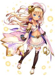 Rule 34 | 1girl, absurdres, blonde hair, blue eyes, blush, brave sword x blaze soul, floating hair, full body, furrowed brow, hands in pockets, headdress, highres, long hair, looking at viewer, midriff, navel, official art, skirt, solo, thighhighs, transparent background