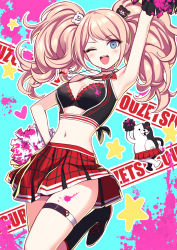 Rule 34 | 1girl, :d, ;d, alternate costume, arm up, bear hair ornament, black bra, black choker, black footwear, black socks, blonde hair, blood, blood on clothes, blue background, blue eyes, blush, bow, bra, breasts, cheerleader, choker, cleavage, commentary request, danganronpa: trigger happy havoc, danganronpa (series), deadnooodles, enoshima junko, foot up, hair ornament, heart, highres, kneehighs, looking at viewer, medium breasts, miniskirt, monokuma, navel, one eye closed, open mouth, outline, pink background, pink blood, plaid, plaid skirt, pleated skirt, pom pom (cheerleading), red bow, skindentation, skirt, smile, socks, star (symbol), stomach, teeth, thigh strap, twintails, underwear, upper teeth only, white outline
