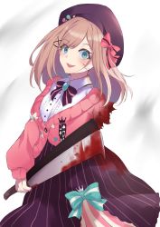 Rule 34 | 1girl, :d, absurdres, amputee, beret, black hat, black skirt, blood, blood on clothes, blood on face, blue bow, blue eyes, bow, breasts, brooch, brown hair, cardigan, center frills, collared shirt, commentary request, frills, hashitsuki nata, hat, hatchet, highres, holding, holding weapon, jewelry, long hair, looking at viewer, medium breasts, nata (tool), nijisanji, open mouth, pink bow, pink cardigan, shirt, skirt, smile, solo, striped bow, striped clothes, striped skirt, suzuhara lulu, suzuhara lulu (1st costume), torn clothes, vertical-striped clothes, vertical-striped skirt, virtual youtuber, weapon, white shirt, yuki maccha (yukimattya10)