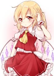 Rule 34 | 1girl, artist name, ascot, blonde hair, blush, braid, clothing cutout, commentary request, cowboy shot, crystal, dated, flandre scarlet, frilled shirt collar, frills, gradient background, hair between eyes, hand in own hair, hand up, haruki (colorful macaron), heart, highres, long hair, looking at viewer, no headwear, one side up, petticoat, pink background, puffy short sleeves, puffy sleeves, red eyes, red skirt, red vest, shirt, short sleeves, shoulder cutout, signature, skirt, skirt set, solo, standing, touhou, vest, white background, white shirt, wings, wrist cuffs, yellow ascot