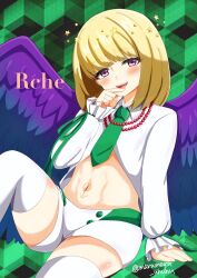 Rule 34 | 1boy, angel, angel wings, bead necklace, beads, beatmania, beatmania iidx, blonde hair, blush, body writing, character name, feathered wings, gradient wings, green necktie, green ribbon, halo, highres, jewelry, long sleeves, looking at viewer, male focus, mars symbol, marumaru uhuhu, medium hair, midriff, multicolored wings, navel, necklace, necktie, open mouth, purple eyes, purple wings, rche (beatmania), ribbon, shorts, sitting, smile, star (symbol), star halo, thighhighs, trap, white shorts, white thighhighs, wings