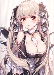 Rule 34 | 1girl, azur lane, bare shoulders, between breasts, black bow, black dress, bow, breasts, cleavage, collarbone, commentary request, detached collar, dress, earrings, formidable (azur lane), frilled dress, frills, hair bow, highres, jewelry, komeshiro kasu, large breasts, leaning forward, long hair, long sleeves, looking at viewer, parted lips, red eyes, silver hair, solo, standing, twintails, very long hair