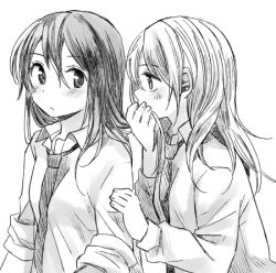 Rule 34 | 2girls, :o, black hair, blush, collared shirt, covering own mouth, dress shirt, greyscale, hachiko (hati12), long hair, long sleeves, looking back, lowres, monochrome, multiple girls, necktie, original, parted lips, school uniform, shirt, simple background, sketch, sleeves rolled up, smelling hair, white background