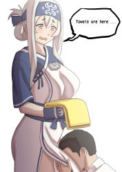 Rule 34 | 1girl, admiral (kancolle), ainu clothes, black hair, blue eyes, blue gloves, commentary, cropped jacket, english commentary, english text, folded ponytail, gloves, hair between eyes, headband, kamoi (kancolle), kantai collection, misumi (niku-kyu), open mouth, sweatdrop, thick eyebrows, towel, wavy mouth, white hair, wrist guards