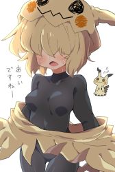 Rule 34 | 1girl, blonde hair, blush, bodysuit, breasts, commentary request, covered navel, creature and personification, creatures (company), flying sweatdrops, game freak, gen 7 pokemon, hair over eyes, long bangs, maks (makusu 210), medium hair, mimikyu, nintendo, open mouth, personification, pokemon, pokemon (creature), sweat, thigh gap, tongue, translation request, white background