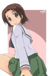 Rule 34 | 1girl, artist name, black neckerchief, blouse, border, brown eyes, brown hair, closed mouth, commentary request, from side, girls und panzer, green skirt, highres, long sleeves, looking at viewer, looking back, miniskirt, neckerchief, ooarai school uniform, osamada meika, outside border, parted bangs, partial commentary, pink background, pleated skirt, sailor collar, sawa azusa, school uniform, serafuku, shirt, short hair, signature, sitting, skirt, smile, solo, white border, white sailor collar, white shirt