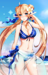 Rule 34 | 10s, 1girl, ahoge, asada ryou, bare arms, bare shoulders, beach, bikini, blonde hair, blue bikini, blue eyes, blush, breasts, cardfight!! vanguard, cleavage, collarbone, cowboy shot, day, double bun, elf, flower, frilled bikini, frills, hair flower, hair ornament, leading jewel knight salome, long hair, looking at viewer, low twintails, medium breasts, navel, parted lips, pointy ears, sarong, solo, stomach, swimsuit, twintails