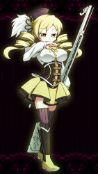 Rule 34 | 10s, 1girl, baron (baron-eros), belt, beret, blonde hair, boots, breasts, corset, detached sleeves, drill hair, fingerless gloves, gloves, gun, hair ornament, hand to own mouth, hat, highres, large breasts, magical girl, magical musket, mahou shoujo madoka magica, mahou shoujo madoka magica (anime), pleated skirt, ribbon, skirt, solo, striped clothes, striped thighhighs, thighhighs, tomoe mami, vertical-striped clothes, vertical-striped thighhighs, weapon, yellow eyes