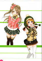 Rule 34 | 10s, 2girls, absurdres, blush, bow, breath, brown eyes, brown hair, can, fanny pack, floral print, fur trim, gloves, hat, highres, holding, koizumi hanayo, long hair, looking at viewer, love live!, love live! school idol festival, love live! school idol project, minami kotori, mittens, multiple girls, non-web source, official art, purple eyes, scan, short hair, shorts, simple background, skirt, smile, thighhighs, white legwear, winter clothes, zettai ryouiki