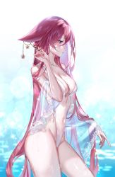 Rule 34 | 1girl, animal ears, arched back, artist name, backless swimsuit, blurry, blurry background, blush, breasts, closed mouth, covered navel, cowboy shot, floppy ears, fox ears, from side, genshin impact, hair between eyes, hair ornament, highleg, highleg swimsuit, highres, holding, lips, long hair, medium breasts, narrow waist, off shoulder, one-piece swimsuit, pink hair, purple eyes, ringeko-chan, see-through, solo, standing, swimsuit, thighs, very long hair, wet, white one-piece swimsuit, yae miko