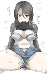 Rule 34 | 1girl, arm support, black shirt, blue shorts, blush, body writing, bra, breasts, bright pupils, brown eyes, brown hair, brown jacket, clothes in mouth, clothes lift, commentary, cosplay, crotch seam, denim, denim shorts, elf (stroll in the woods), emblem, girls und panzer, grey bra, grey panties, heart, highres, jacket, kay (girls und panzer), kay (girls und panzer) (cosplay), leaning back, lifted by self, long hair, long sleeves, looking at viewer, medium breasts, micro shorts, mika (girls und panzer), military, military uniform, mouth hold, navel, no headwear, open fly, panties, pussy juice, saunders military uniform, shirt, shirt in mouth, shirt lift, shorts, simple background, sitting, solo, spread legs, star (symbol), sweat, translated, underwear, uniform, unzipped, upshorts, white background, white pupils