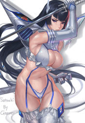 Rule 34 | 10s, 1girl, black hair, blue eyes, breasts, cameltoe, cleavage, elbow gloves, gloves, gtunver, highres, impossible clothes, junketsu, kill la kill, kiryuuin satsuki, large breasts, long hair, looking at viewer, navel, revealing clothes, scabbard, sheath, solo, stomach, sword, thigh gap, thighhighs, weapon
