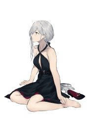 Rule 34 | 1girl, absurdres, an-94 (girls&#039; frontline), an-94 (silent rouge) (girls&#039; frontline), bad id, bad pixiv id, belt, black dress, black footwear, breasts, bruise, cleavage, collarbone, dress, earrings, girls&#039; frontline, green eyes, grey hair, hair ornament, hair ribbon, highres, injury, jewelry, long hair, looking up, official alternate costume, ribbon, shoes, unworn shoes, sitting, sitting on lap, sitting on person, small breasts, solo, sprain, tuan yi, white background
