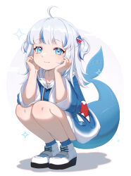 Rule 34 | 1girl, absurdres, blue eyes, blue hair, blue hoodie, blue nails, blue socks, blunt bangs, closed mouth, commentary request, fins, fish tail, full body, gawr gura, gawr gura (1st costume), grey hair, hair ornament, hands on own cheeks, hands on own face, head rest, highres, hololive, hololive english, hood, hoodie, long hair, long sleeves, looking at viewer, multicolored hair, nail polish, no pants, shark hair ornament, shark tail, sharp teeth, shoes, smile, sneakers, socks, solo, squatting, streaked hair, tail, teeth, two side up, virtual youtuber, white footwear, wide sleeves, yuenillus