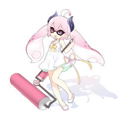 Rule 34 | 1girl, ahoge, demon girl, dress, fang, full body, horns, inkling, inkling player character, long hair, looking at viewer, mofetousu furuna, monster girl, nintendo, open mouth, original, paint roller, pink hair, pointy ears, purple eyes, saru, short eyebrows, simple background, smile, solo, splat roller (splatoon), splatoon (series), splatoon 1, tentacle hair, twintails, white background, white dress