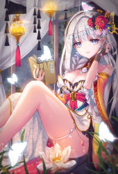 Rule 34 | 1girl, artist name, blue eyes, book, braid, flower, grey hair, hair flower, hair ornament, highres, long hair, looking at viewer, lotus, md5 mismatch, qurare magic library, red flower, single braid, smile, snow is, solo, white flower, zhuangzi (qurare)