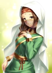Rule 34 | 1girl, arabian clothes, backlighting, blush, bracelet, breasts, brown hair, cape, dress, fate/grand order, fate (series), green background, green dress, grey eyes, hairband, hood, hooded cape, jewelry, long hair, long sleeves, looking at viewer, mouth veil, obi, parted bangs, parted lips, sash, siduri (fate), single sleeve, small breasts, smile, veil, zen