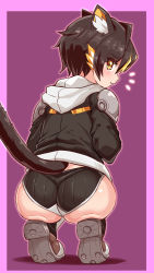 Rule 34 | 1girl, animal ears, ass, ass focus, ass press, ass support, black hair, blonde hair, boots, cat ears, cat tail, cougar (cougar1404), from behind, jacket, kua (cougar1404), looking at viewer, looking back, multicolored hair, original, prototype design, shiny clothes, shiny skin, short hair, short shorts, shorts, smile, solo, squatting, tail, two-tone hair, wedgie, yellow eyes
