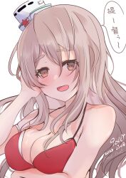 Rule 34 | 1girl, 9610 (kuroto), absurdres, bikini, blush, breasts, brown eyes, dated, grey hair, hat, highres, kantai collection, long hair, looking at viewer, medium breasts, mini hat, open mouth, pola (kancolle), red bikini, simple background, smile, solo, speech bubble, swimsuit, tilted headwear, twitter username, upper body, wavy hair, white background