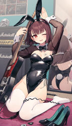 Rule 34 | 1girl, amplifier, animal ears, armpits, arms up, back, black bow, black bowtie, black footwear, black hairband, black leotard, blunt bangs, blush, bow, bowtie, braid, breasts, brown hair, cable, collar, dot nose, electric guitar, fake animal ears, fake tail, full-length mirror, guitar, hair bow, hairband, high heels, highleg, highleg leotard, highres, holding, holding instrument, indoors, instrument, kaito (k4itoh), leotard, looking at viewer, marshall, medium breasts, mirror, one eye closed, original, parted lips, playboy bunny, plectrum, rabbit ears, rabbit pose, rabbit tail, red eyes, see-through, see-through sleeves, shoes, short hair, side braid, sideboob, single braid, sitting, skull, solo, strapless, strapless leotard, tail, thighhighs, unworn shoes, wariza, white collar, white thighhighs, white wrist cuffs, wrist cuffs