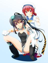 Rule 34 | 2girls, absurdres, aqua headwear, black ribbon, black one-piece swimsuit, blue sailor collar, breasts, candy, competition swimsuit, dress, food, garrison cap, gloves, grey hair, hair ornament, hair ribbon, hair rings, hat, highleg, highleg swimsuit, highres, holding, holding candy, holding food, kaiboukan no. 4 (kancolle), kantai collection, long hair, low twintails, mei (heavensstyle), multiple girls, one-piece swimsuit, purple eyes, red hair, ribbon, sailor collar, sailor dress, sailor hat, scamp (kancolle), short shorts, shorts, side ponytail, small breasts, spread legs, squatting, standing, star (symbol), star hair ornament, swimsuit, twintails, white dress, white gloves, white headwear, white shorts