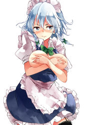 Rule 34 | 1girl, apron, black thighhighs, blue dress, blue eyes, blush, bow, bowtie, braid, breasts, breasts out, commentary request, covering privates, covering breasts, cowboy shot, deetamu, dress, embarrassed, frilled apron, frills, garter straps, green bow, hair between eyes, hair bow, highres, izayoi sakuya, looking at viewer, maid, maid apron, maid headdress, medium breasts, nose blush, petticoat, puffy short sleeves, puffy sleeves, shirt, short dress, short hair, short sleeves, silver hair, simple background, smile, solo, standing, thighhighs, touhou, twin braids, waist apron, white apron, white background, white shirt, wing collar