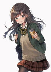 Rule 34 | 1girl, bad id, bad twitter id, bag, black hair, black pantyhose, blazer, blush, brown eyes, brown skirt, brown sweater, can, closed mouth, commentary request, green jacket, holding, holding can, jacket, long hair, long sleeves, looking at viewer, midorikawa you, open clothes, open jacket, original, pantyhose, plaid, plaid skirt, pleated skirt, school bag, simple background, skirt, sleeves past wrists, smile, solo, sweater, white background