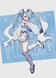 Rule 34 | 1girl, bare shoulders, blue gloves, blue hair, creatures (company), detached sleeves, domidomi444, double bun, eyeshadow, flying miku (project voltage), game freak, gloves, gradient hair, hair bun, hatsune miku, highres, long hair, makeup, multicolored hair, nintendo, poke ball, pokemon, project voltage, see-through, see-through shorts, see-through sleeves, shorts under shorts, single glove, twintails, very long hair, vocaloid, waist poke ball, wind chime