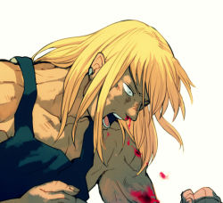 Rule 34 | 1boy, bad id, bad pixiv id, beige background, blonde hair, blood, character request, clenched hand, clenched hands, close-up, constricted pupils, copyright request, earrings, from side, jewelry, long hair, male focus, muscular, nosebleed, open mouth, pectorals, profile, shaded face, simple background, solo, t k g, tank top, white background