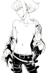 Rule 34 | 1boy, bae (baebae), gloves, greyscale, groin, half gloves, highres, jacket, lio fotia, male focus, monochrome, off shoulder, partially undressed, promare, sidelocks, solo, topless male