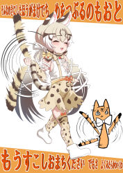 Rule 34 | 1girl, absurdres, animal costume, animal ear fluff, animal ears, bow, bowtie, cat ears, cat girl, cat tail, darus5, extra ears, geoffroy&#039;s cat (kemono friends), grey hair, highres, kemono friends, kemono friends v project, kneehighs, long hair, microphone, multicolored hair, ribbon, shirt, shoes, simple background, skirt, smile, socks, suspenders, tail, twintails, virtual youtuber